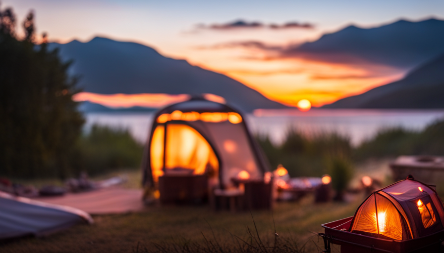 An image showcasing a serene lakeside campground scene with a vibrant sunset backdrop
