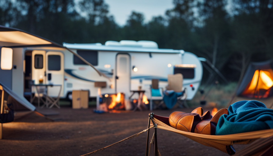 An image that showcases a neatly organized camper interior, with drawers filled with hiking boots, cooking utensils, camping chairs, and neatly folded clothes