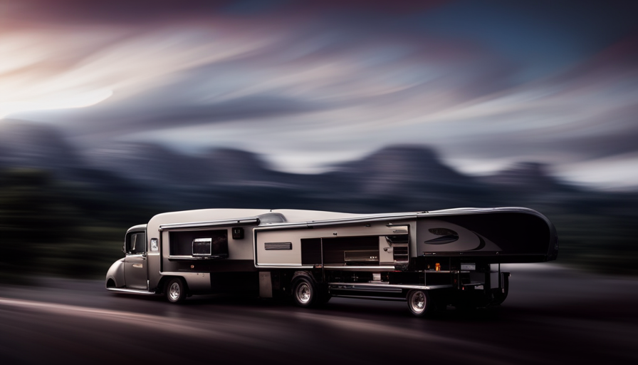 An image showcasing a rugged, sturdy truck with a spacious flatbed, perfectly fitted with a cozy truck camper