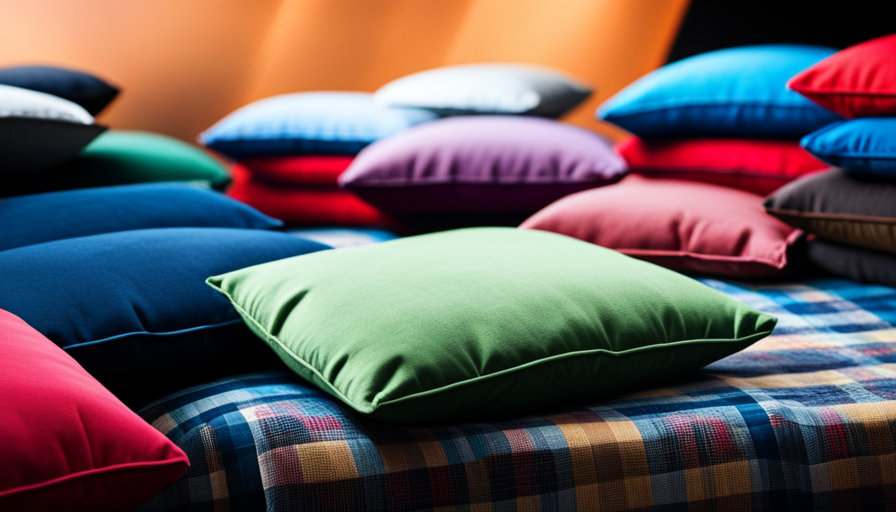An image showcasing a variety of camper cushions swathed in different fabrics, ranging from plush velvets to durable canvases, capturing their vibrant colors, intricate patterns, and textures, inviting readers to explore the world of fabric options for their camper cushions