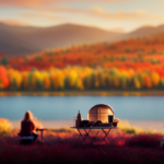 An image featuring a serene lakeside campground at sunset, with a camper surrounded by vibrant autumn foliage