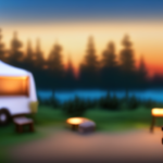 An image showcasing a vibrant sunset casting a warm golden glow on a serene lakeside campground