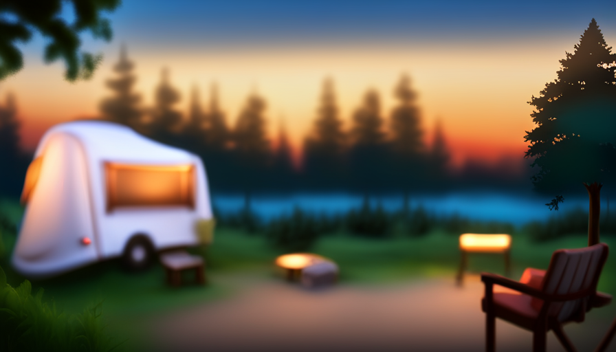 An image showcasing a vibrant sunset casting a warm golden glow on a serene lakeside campground
