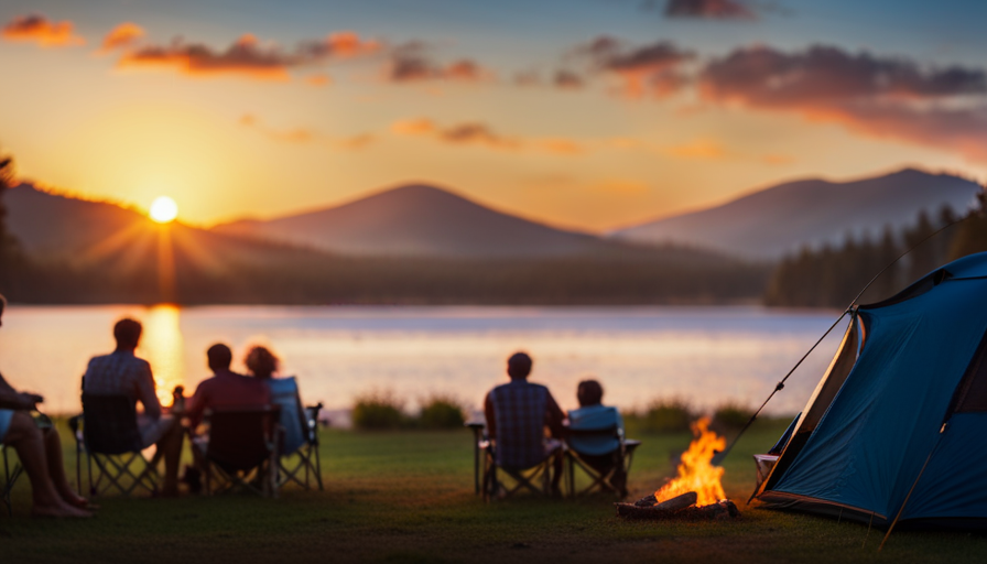 An image showcasing a radiant sunset casting warm hues over a serene lakeside campground