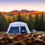 An image showcasing a serene campground at dusk, with a camper surrounded by fallen leaves
