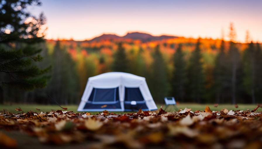 An image showcasing a serene campground at dusk, with a camper surrounded by fallen leaves