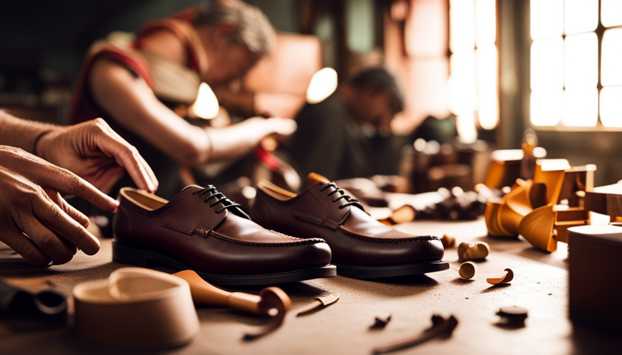 An image showcasing the intricate craftsmanship of Camper shoes being meticulously assembled by skilled artisans in a vibrant, sunlit workshop, brimming with rows of colorful materials, tools, and the unmistakable scent of fine leather
