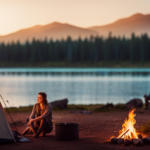 An image showcasing a serene lakeside campsite, nestled amidst towering pine trees in a secluded forest