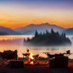 An image revealing a serene lakeside campsite, nestled among towering evergreen trees, with a cozy camper parked beside a crackling fire pit