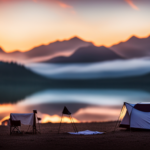An image showcasing a serene lakeside setting at dusk, with a camper nestled amongst towering trees