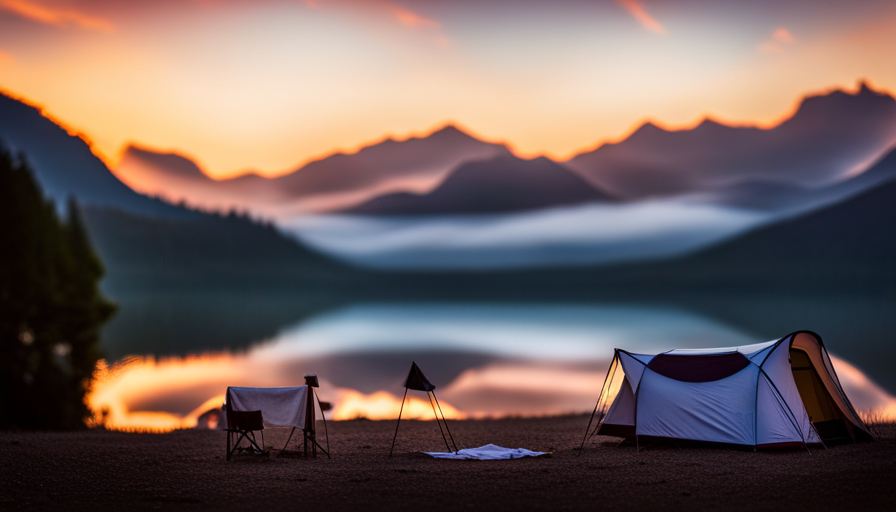 An image showcasing a serene lakeside setting at dusk, with a camper nestled amongst towering trees