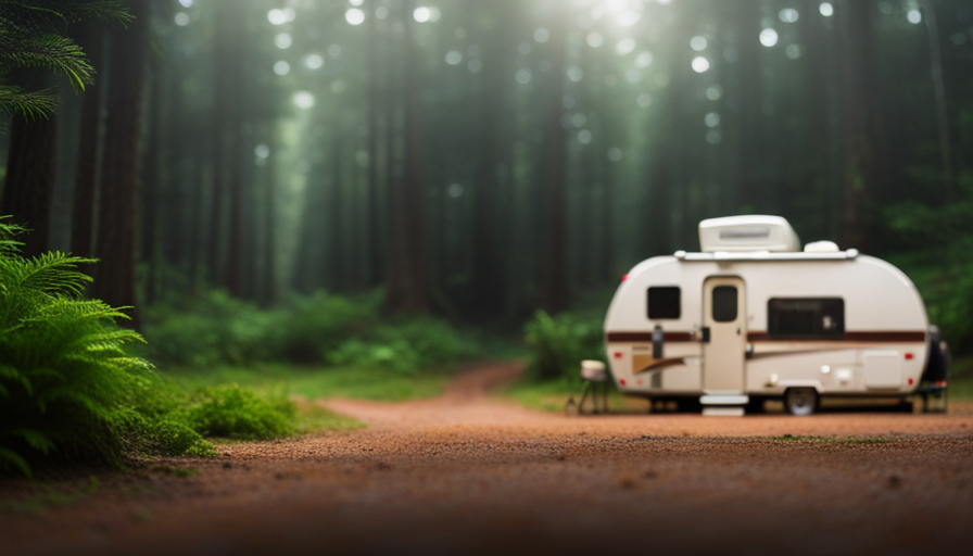 An image showcasing a serene forest or beachside campground, with lush greenery, towering trees, and a cozy camper nestled under the shade