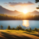 An image showcasing a serene lakeside view with a camper nestled beneath towering pine trees