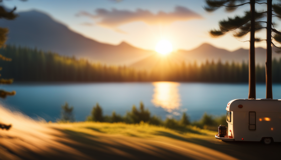 An image showcasing a serene lakeside view with a camper nestled beneath towering pine trees