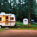 An image showcasing a lush, scenic campground surrounded by towering trees, with a cozy, fully-equipped pop-up camper nestled amidst the natural beauty
