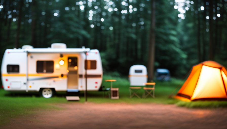 An image showcasing a lush, scenic campground surrounded by towering trees, with a cozy, fully-equipped pop-up camper nestled amidst the natural beauty