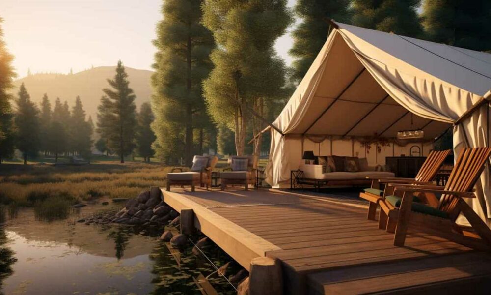Glamping Thorsten Meyer Create an image showcasing the serene beauty of a 06d72e6a 9cec 4013 aaa5 683573b9f8cc IP411227 4