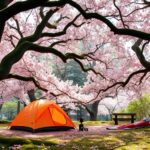 secluded cherry blossom camping