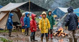 rainy muddy kid camping
